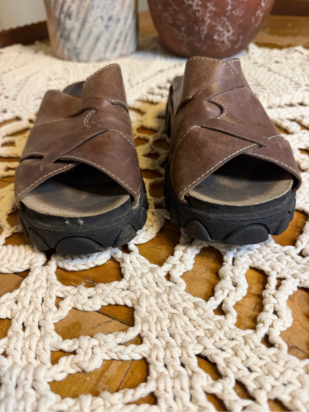 Vintage Riverstone Brown Leather Fisherman Slide Sandals clogs 8M Y2K 90 - Picture 3 of 7